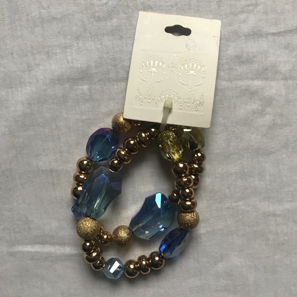 NEW!! Multi Colored Gold Bead Blue Two Strand Bracelet